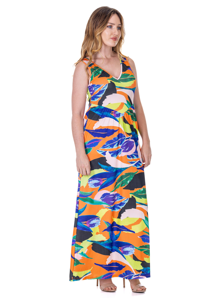 Essential Womens Floral Sleeveless V Neck A Line Pocket Maxi Dress