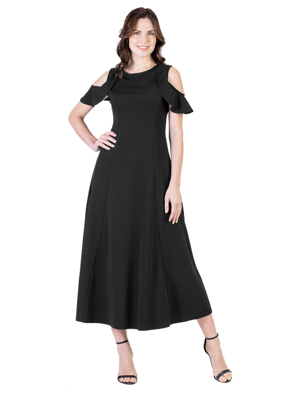 Elevate Womens Ruffle Sleeve Cold Shoulder A Line Flare Maxi Dress