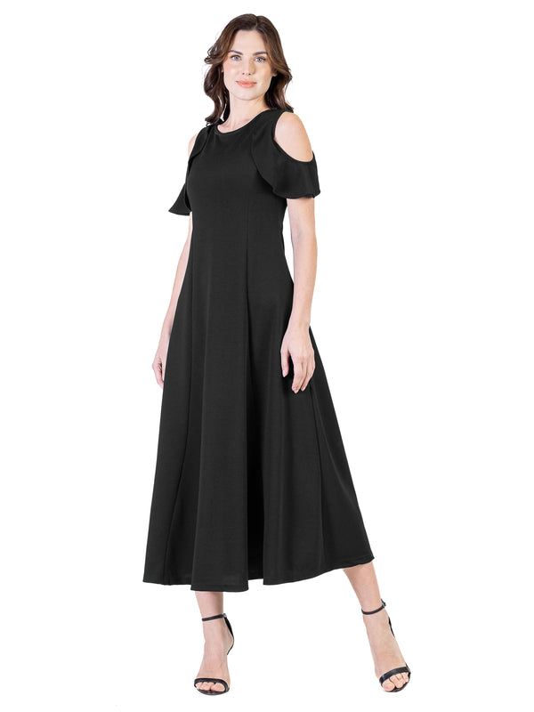 Elevate Womens Ruffle Sleeve Cold Shoulder A Line Flare Maxi Dress