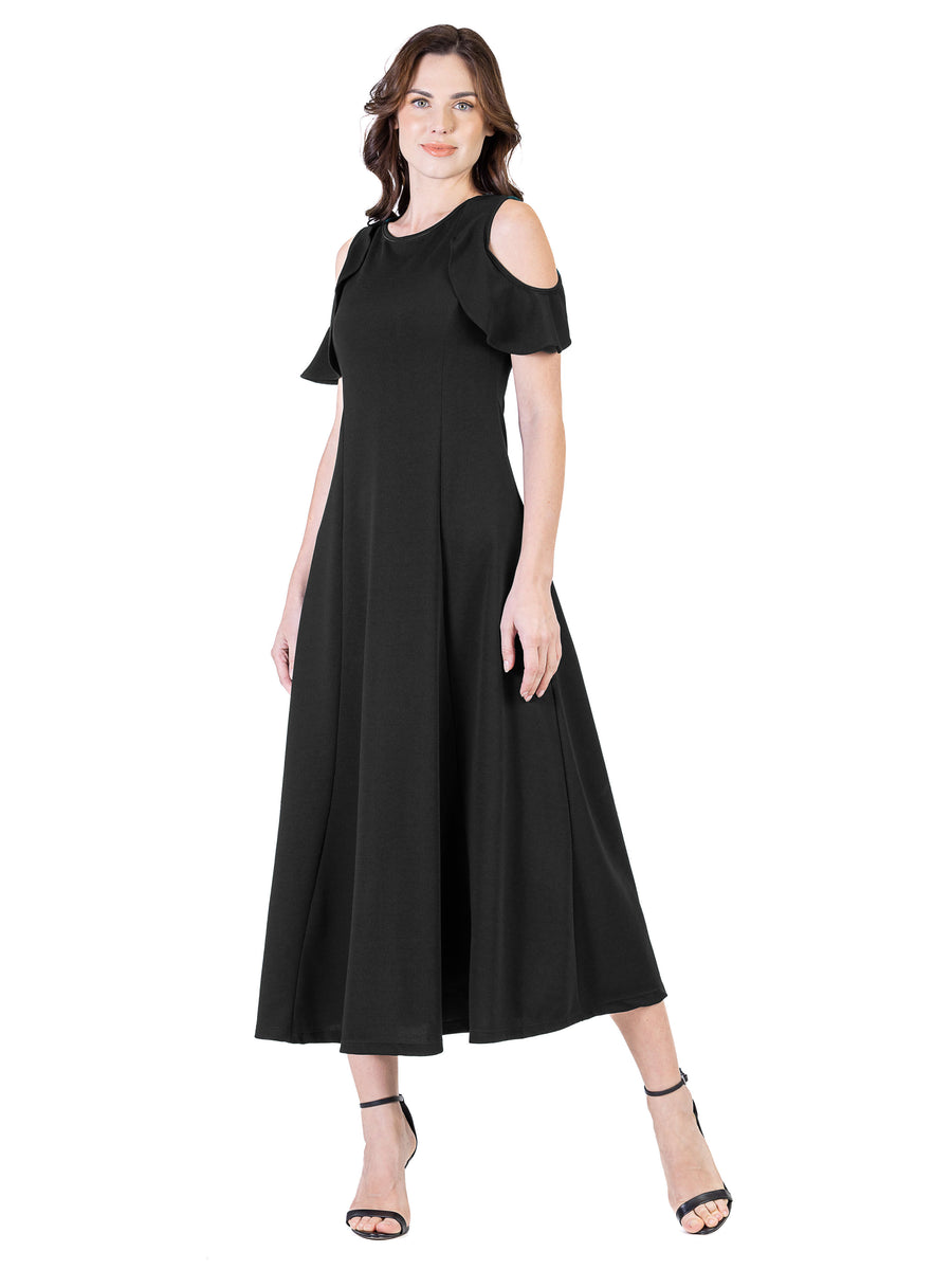 Elevate Womens Ruffle Sleeve Cold Shoulder A Line Flare Maxi Dress
