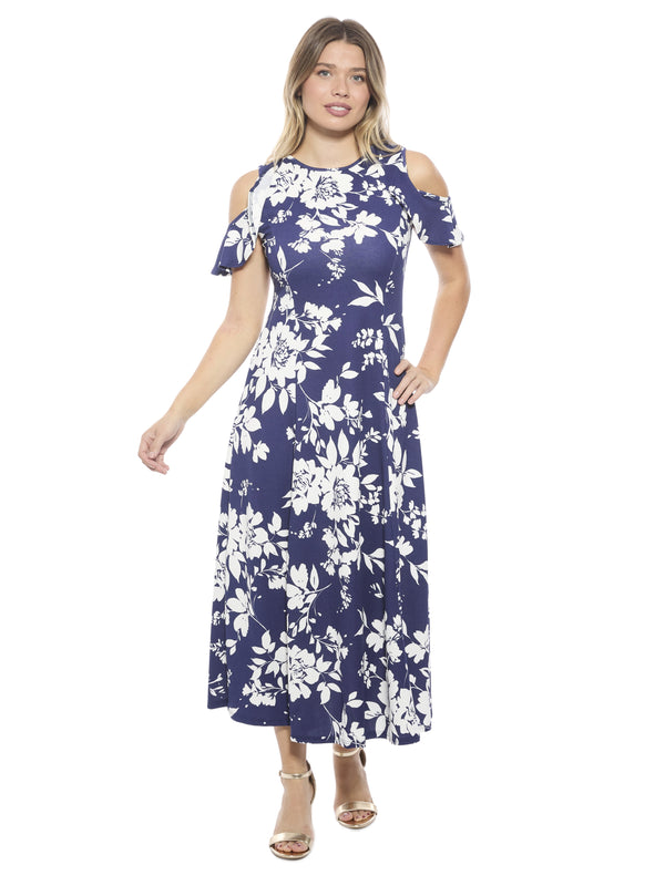Elevate Womens Floral Ruffle Sleeve Cold Shoulder A Line Maxi Dress
