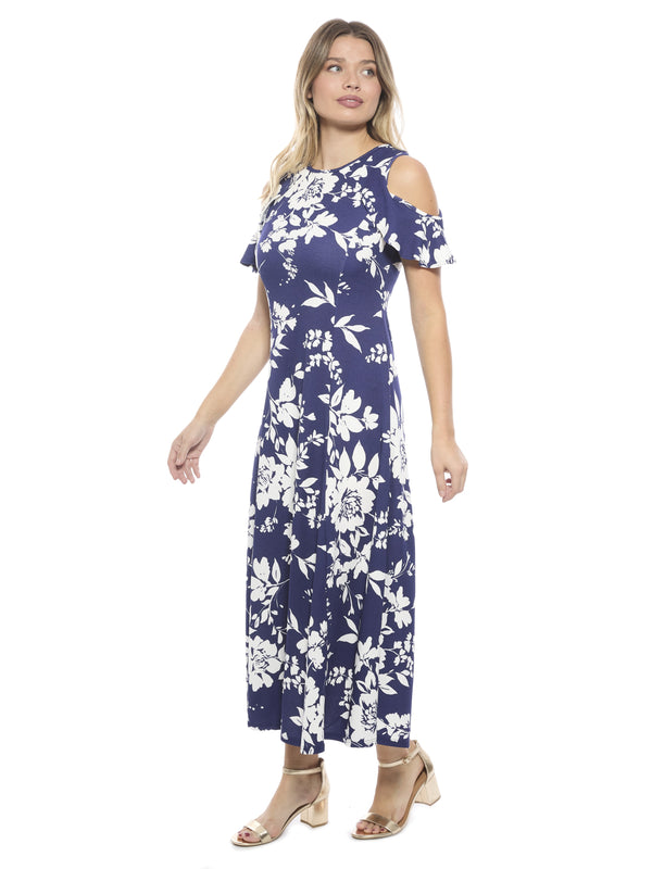 Elevate Womens Floral Ruffle Sleeve Cold Shoulder A Line Maxi Dress
