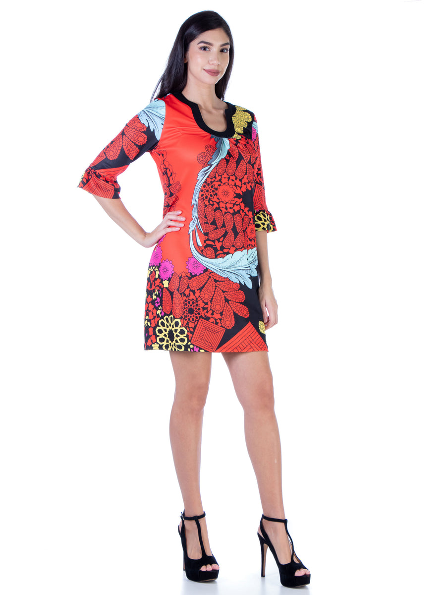 Essential Womens Red Paisley Elbow Sleeve Knee Length Shift Dress