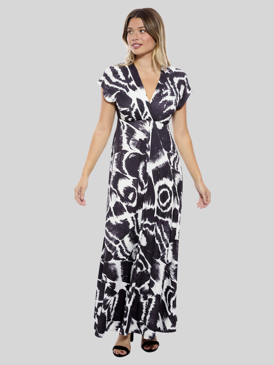 Essential Womens Abstract V Neck Empire Waist Cap Sleeve Maxi Dress