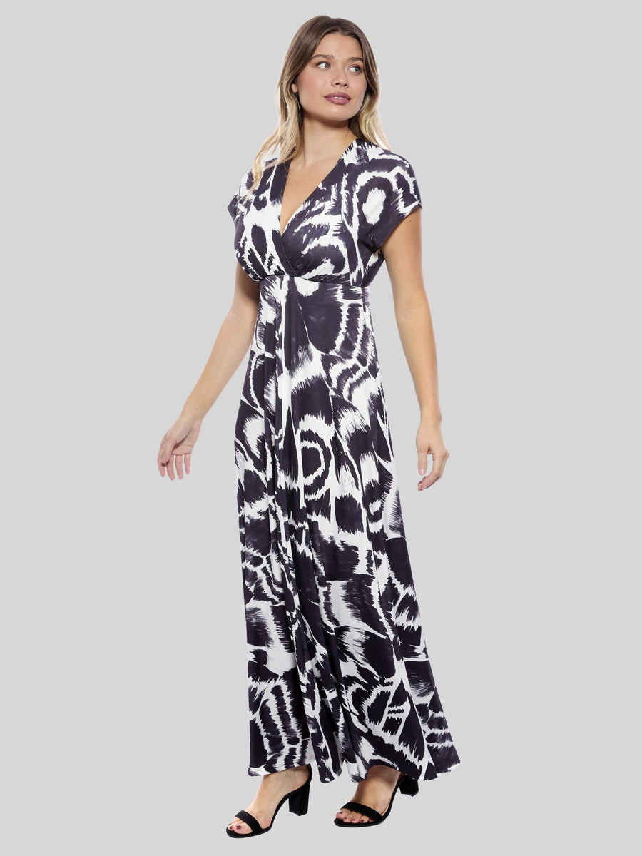 Essential Womens Abstract V Neck Empire Waist Cap Sleeve Maxi Dress