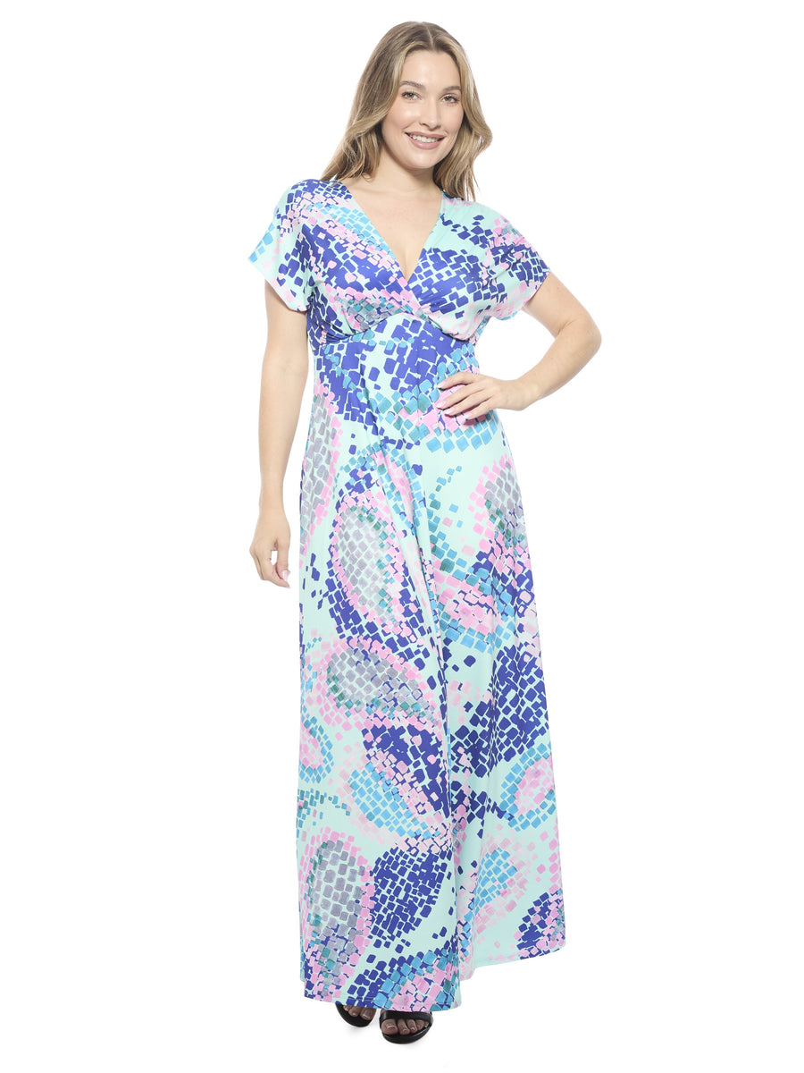 Essential Womens Mosaic V Neck Empire Waist Cap Sleeve Maxi Dress