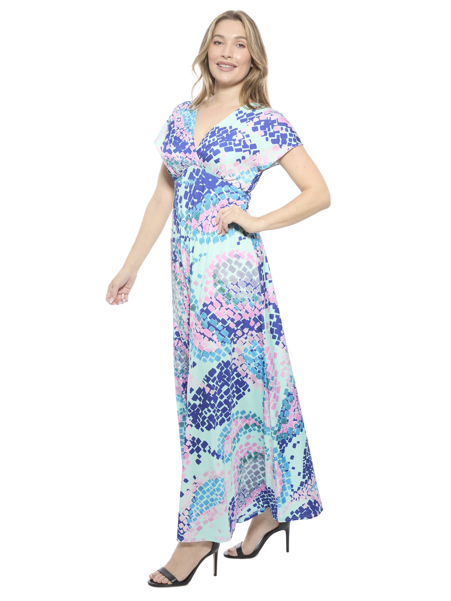 Essential Womens Mosaic V Neck Empire Waist Cap Sleeve Maxi Dress