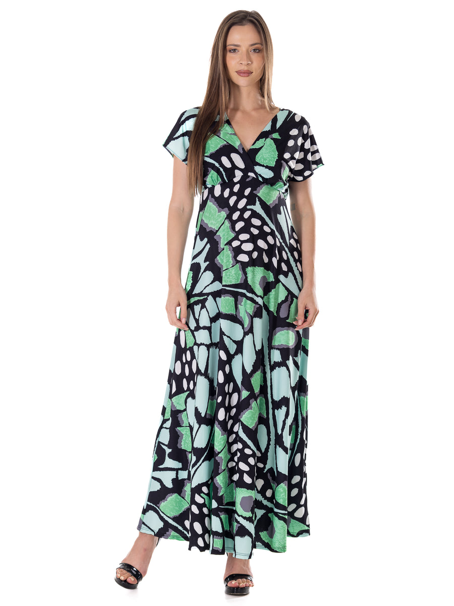 Essential Womens Butterfly V Neck Empire Waist Cap Sleeve Maxi Dress
