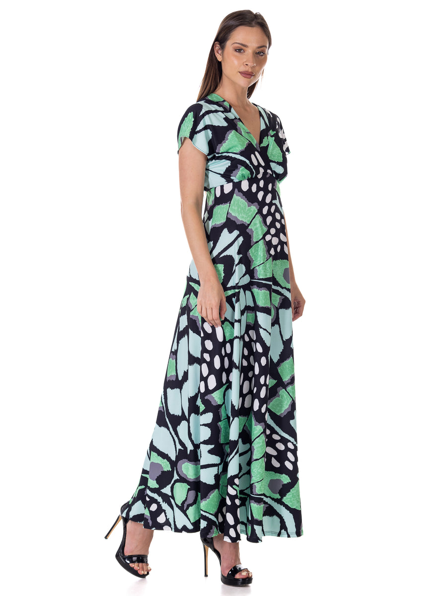 Essential Womens Butterfly V Neck Empire Waist Cap Sleeve Maxi Dress
