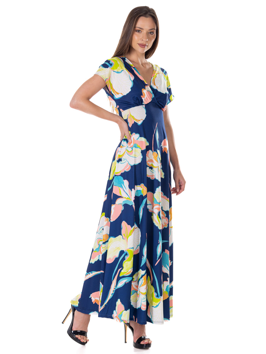 Essential Womens Floral V Neck Empire Waist Cap Sleeve Maxi Dress
