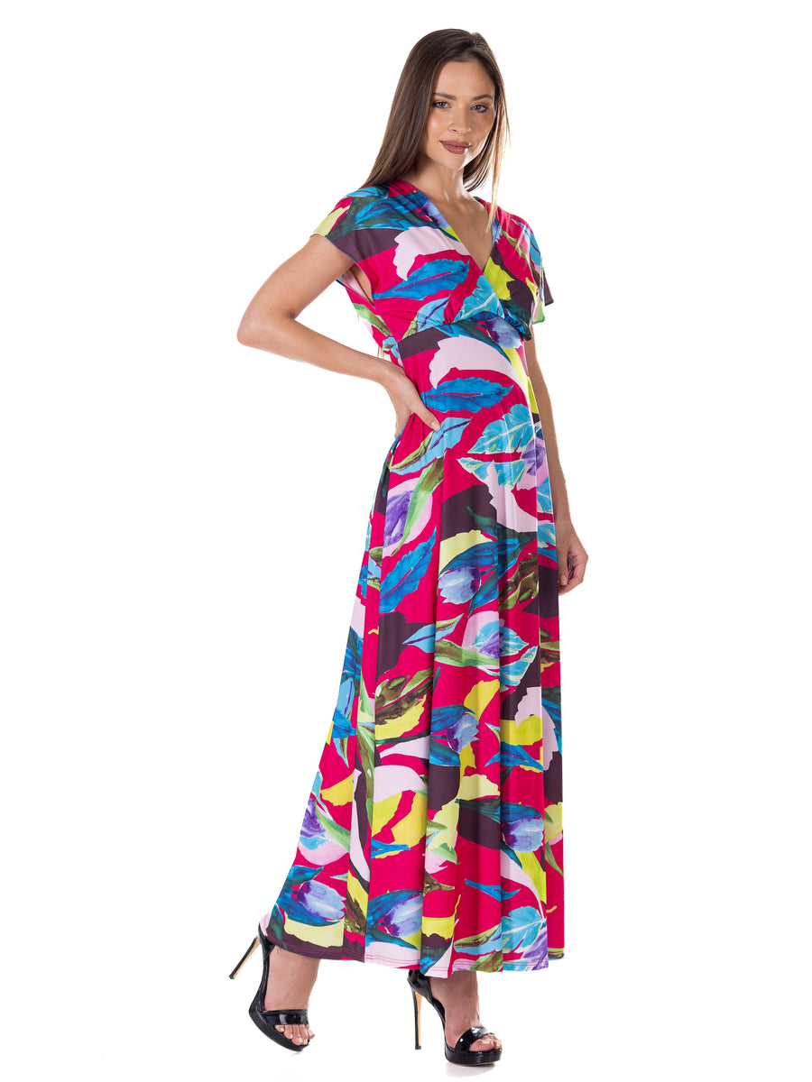 Essential Womens Floral V Neck Empire Waist Cap Sleeve Maxi Dress