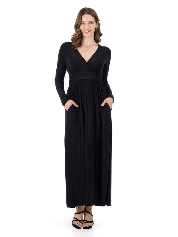 Elevate Womens Long Sleeve V Neck Pleated Empire Waist Slit Maxi Dress