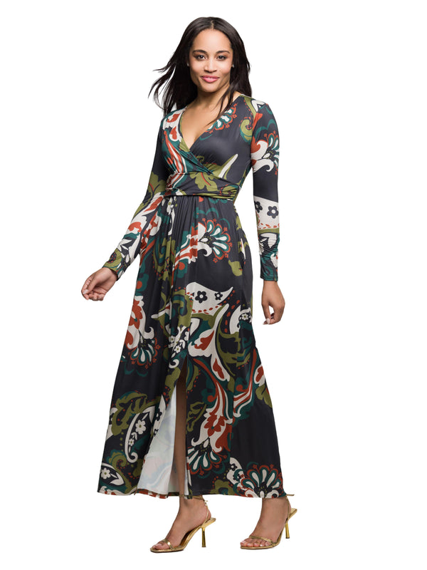 Elevate Womens Paisley Long Sleeve V Neck Empire Waist Slit Maxi Dress