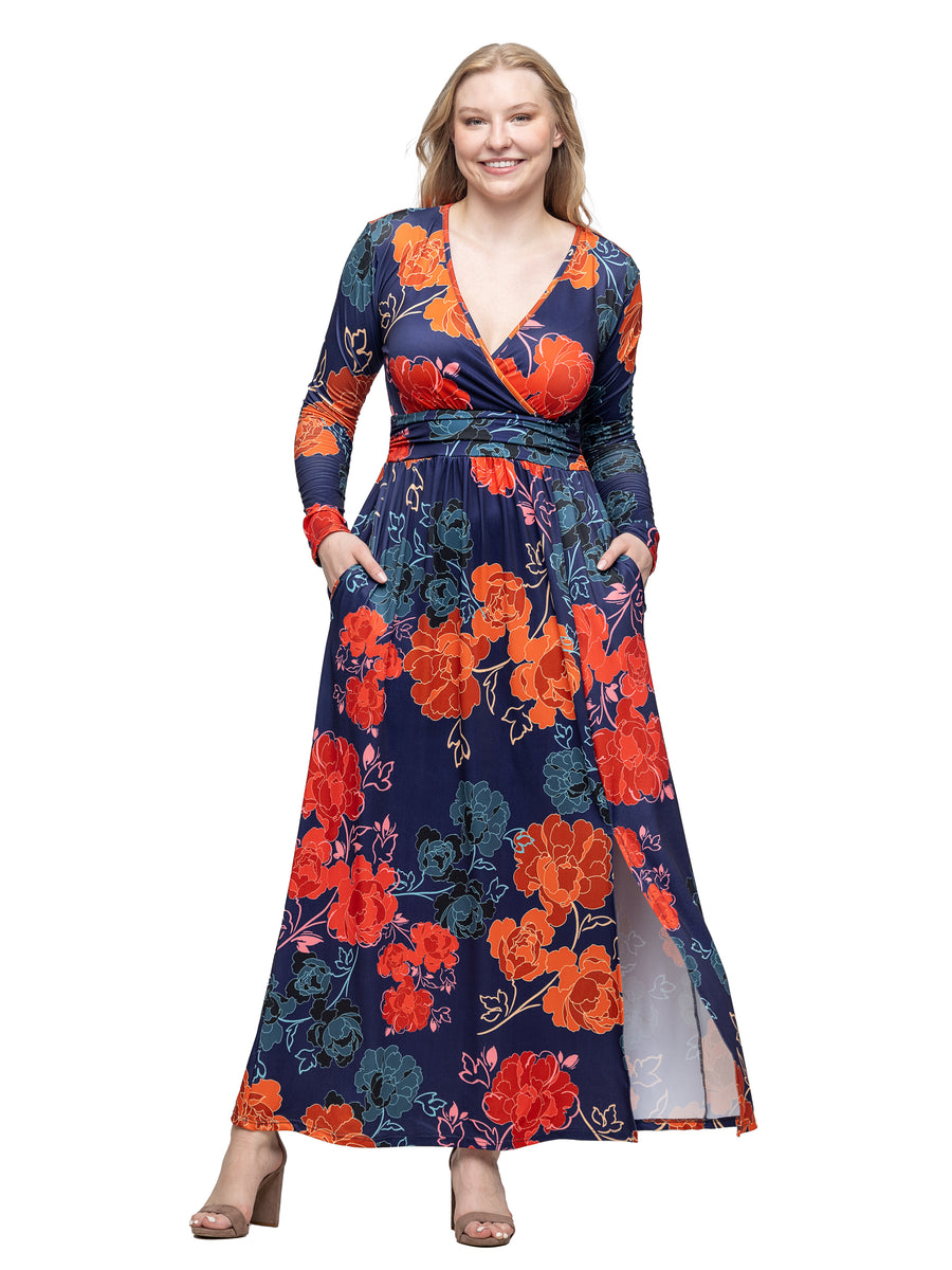 Essential Womens Navy Floral Print Long Sleeve Side Slit Maxi Dress