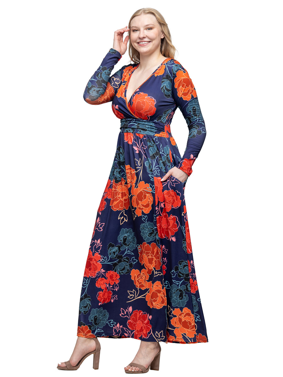 Essential Womens Navy Floral Print Long Sleeve Side Slit Maxi Dress