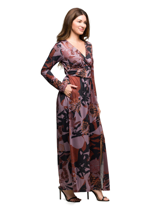 Elevate Womens Floral Long Sleeve V Neck Empire Waist Slit Maxi Dress