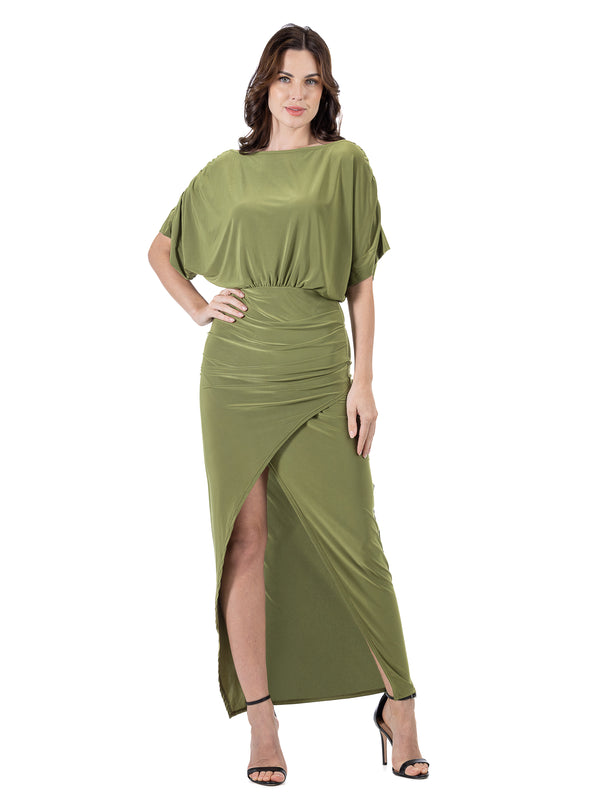 Elevate Womens Boat Neck Batwing Sleeve Bodycon Front Slit Maxi Dress
