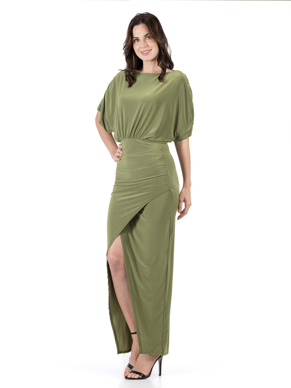 Elevate Womens Boat Neck Batwing Sleeve Bodycon Front Slit Maxi Dress