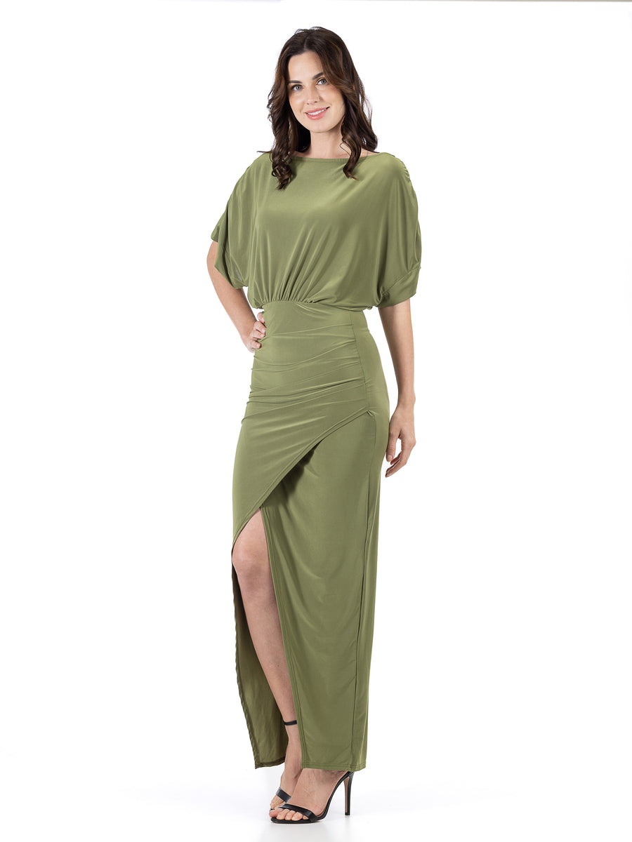 Elevate Womens Boat Neck Batwing Sleeve Bodycon Front Slit Maxi Dress