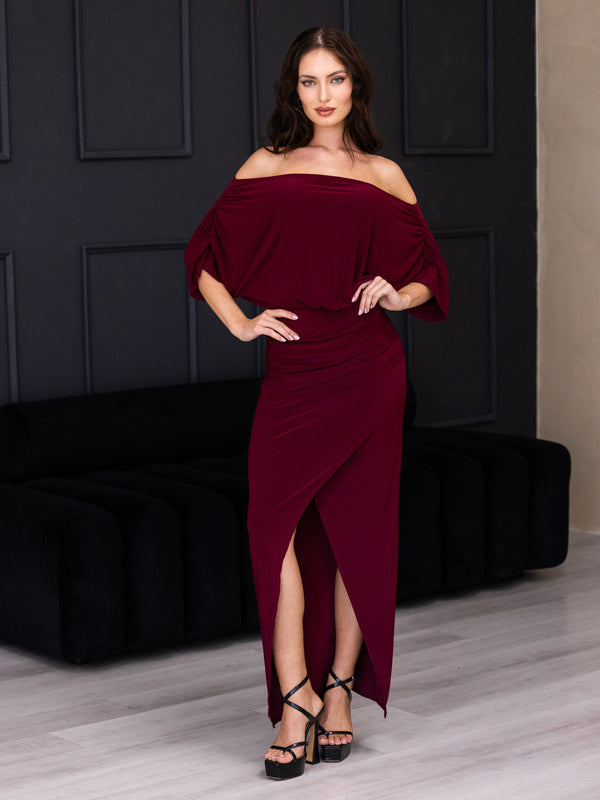 Elevate Womens Boat Neck Batwing Sleeve Bodycon Front Slit Maxi Dress