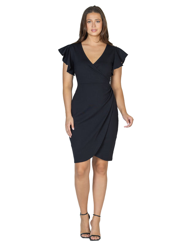 Elevate Womens V Neck Ruffle Cap Sleeve Wrap Knee Length Dress