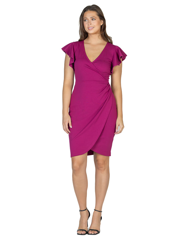 Elevate Petite V Neck Ruffle Cap Sleeve Wrap Knee Length Dress