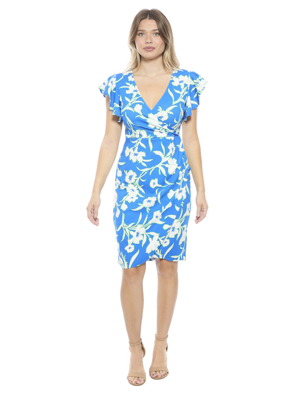 Elevate Womens Blue Floral Flutter Sleeve Faux Wrap Knee Length Dress