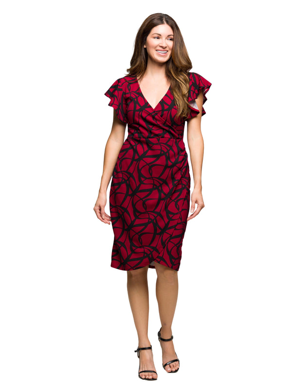 Elevate Womens Burgundy Abstract Ruffle Cap Sleeve Knee Length Dress