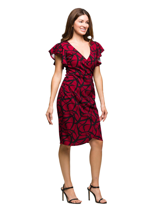 Elevate Womens Burgundy Abstract Ruffle Cap Sleeve Knee Length Dress
