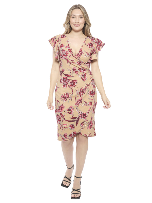 Elevate Womens Beige Floral Flutter Sleeve Faux Wrap Knee Length Dress