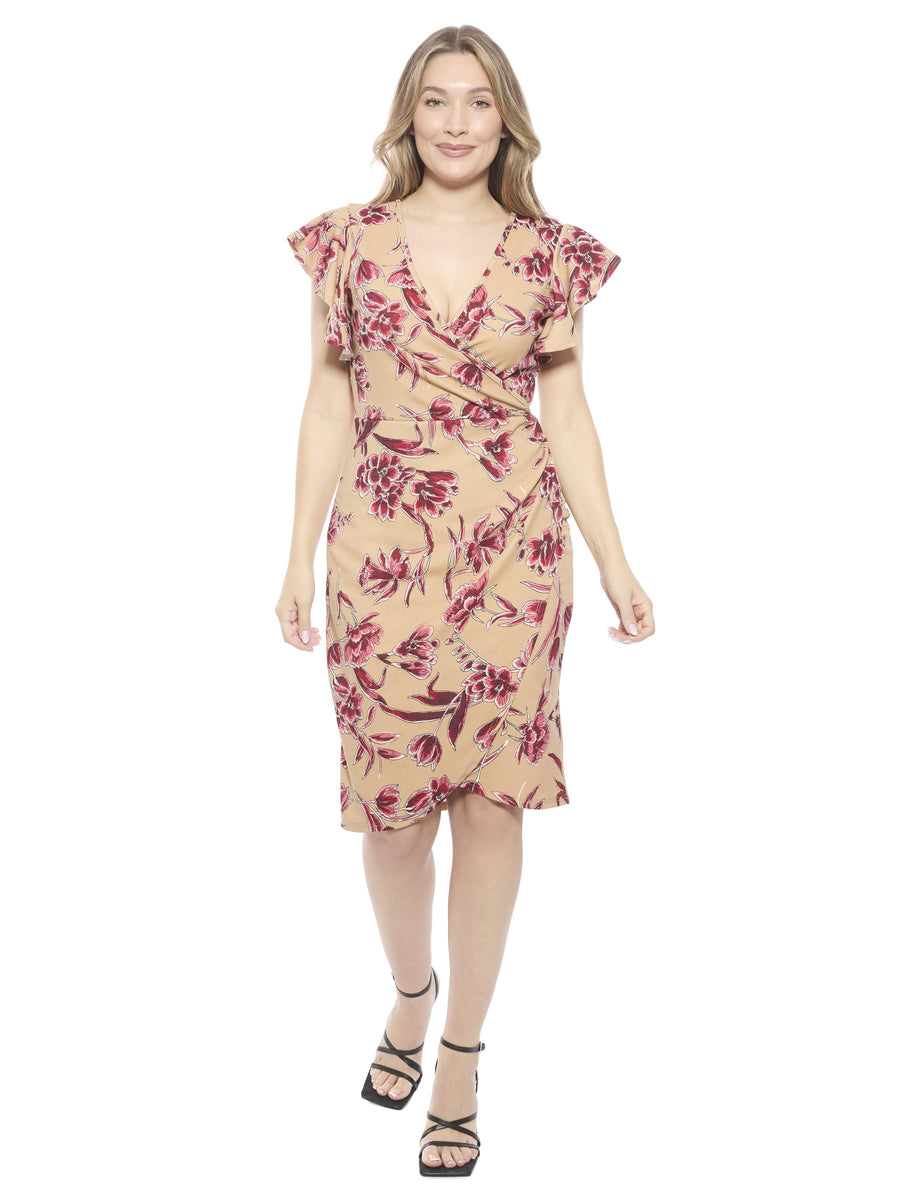 Elevate Womens Beige Floral Flutter Sleeve Faux Wrap Knee Length Dress