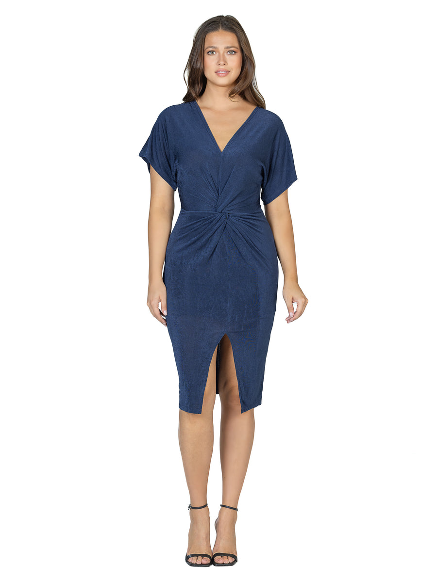 Elevate Womens Short Sleeve V Neck Twist Front Knee Length Dress