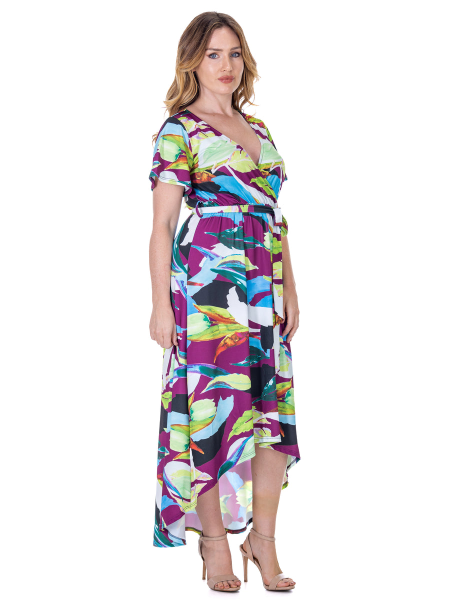 Essential Womens Colorful Floral V Neck Belted High Low Wrap Dress