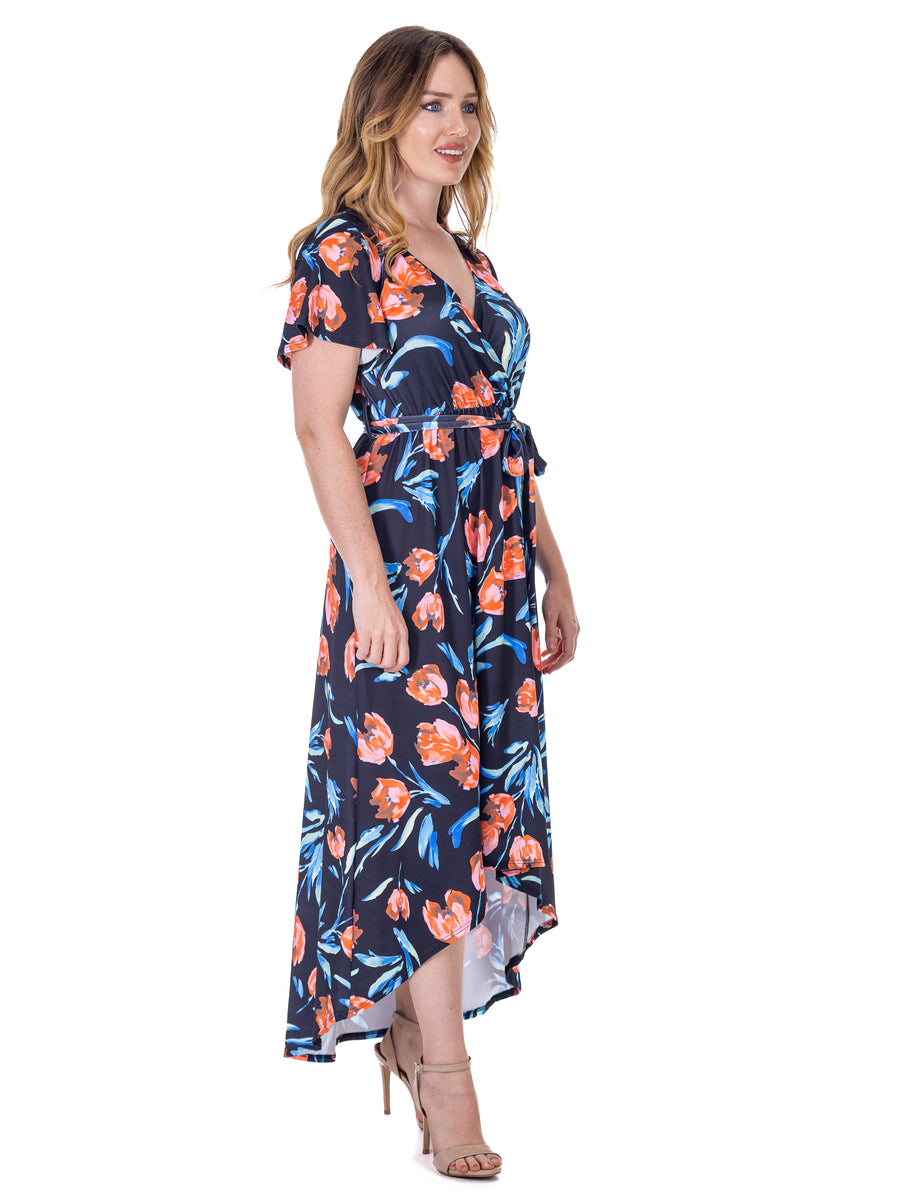 Essential Womens Floral V Neck Belted High Low Wrap Dress