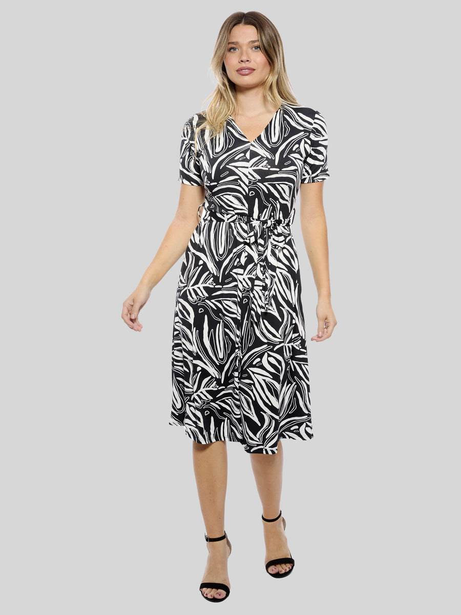 Essential Womens Abstract V Neck Short Sleeve A Line Midi Dress