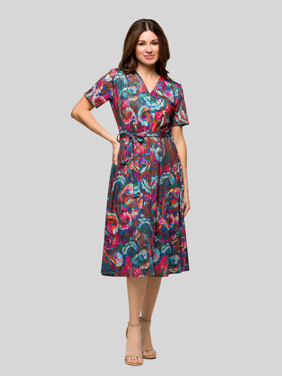 Essential Womens Paisley Print Short Sleeve Tie Waist Midi Dress
