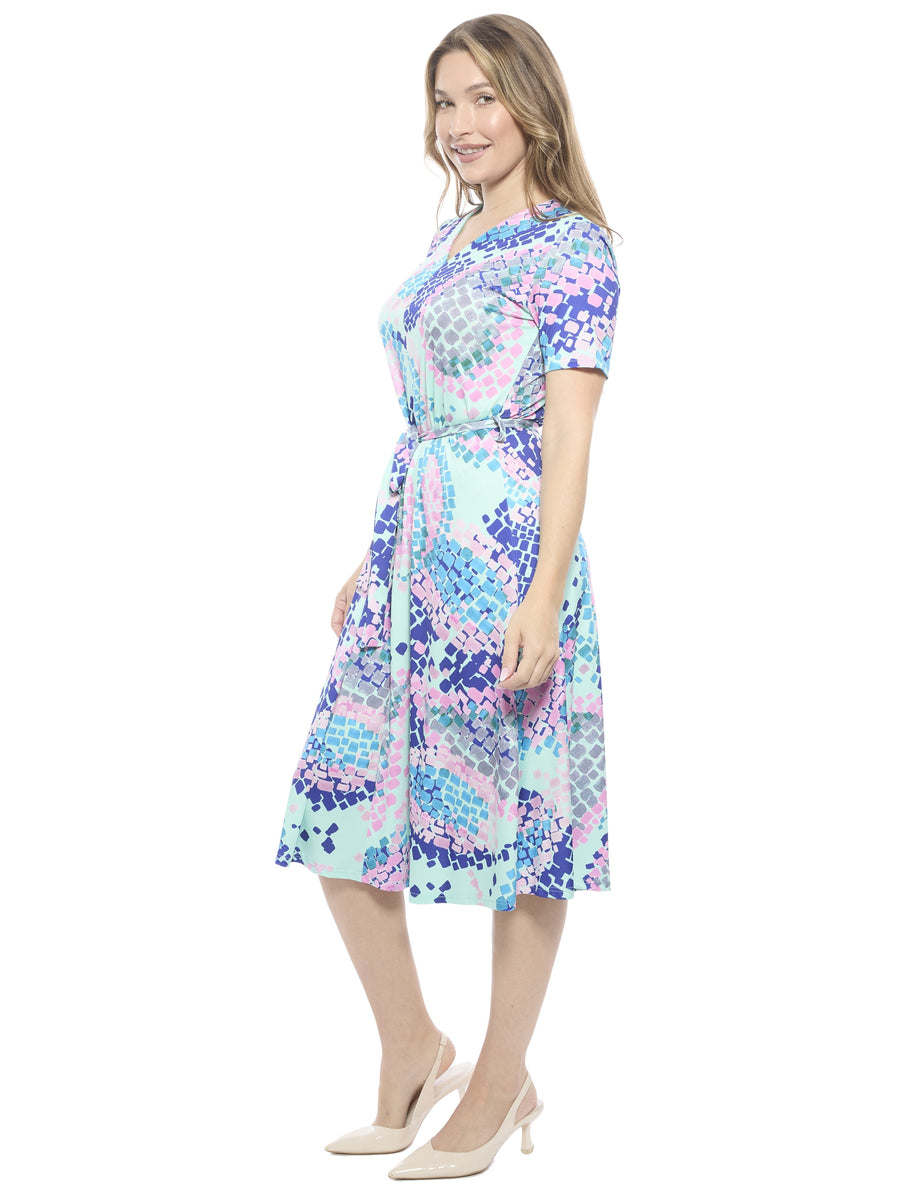 Essential Womens Mosaic V Neck Short Sleeve A Line Midi Dress
