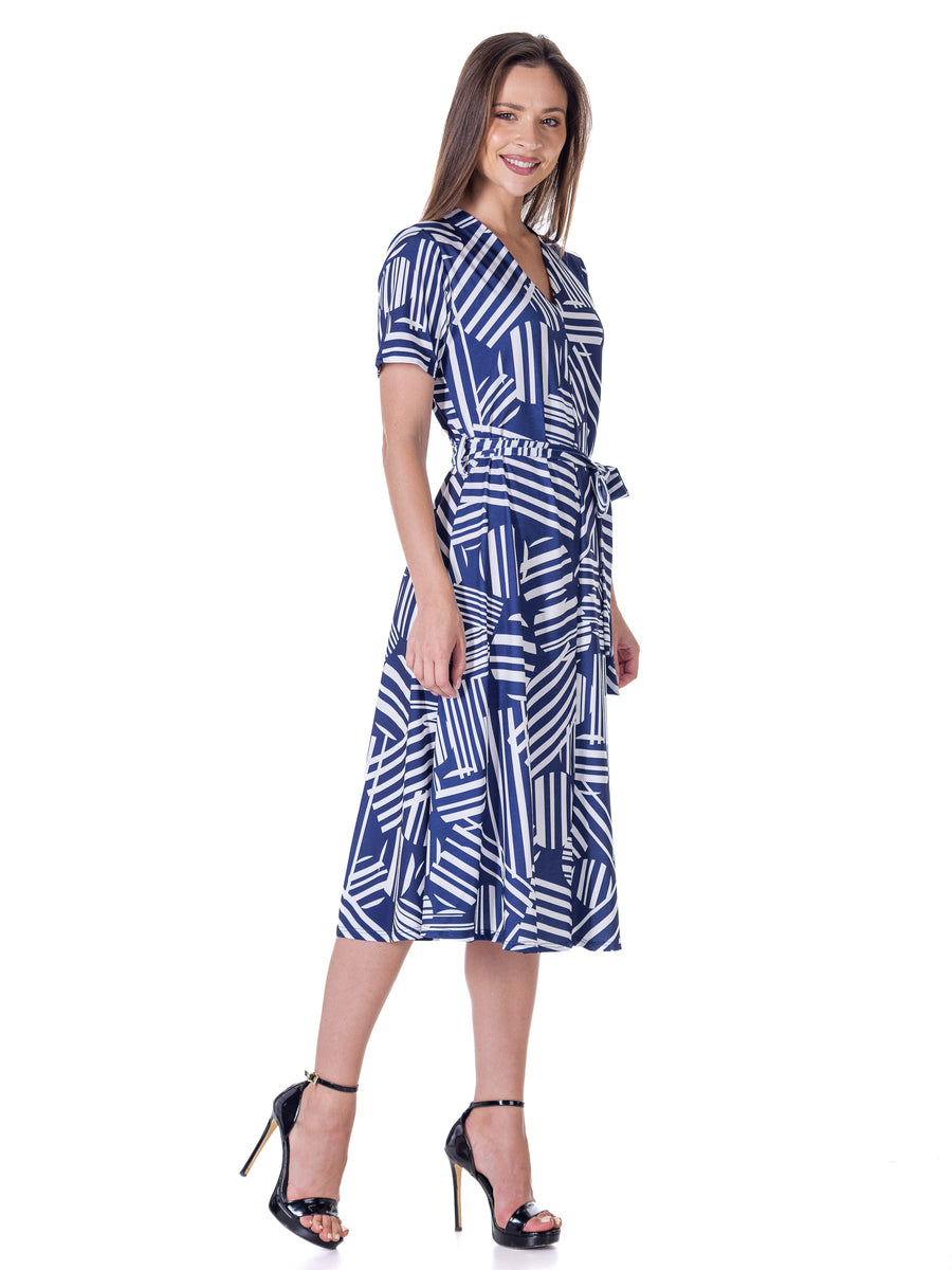 Essential Womens Navy and White Short Sleeve Tie Waist Midi Dress