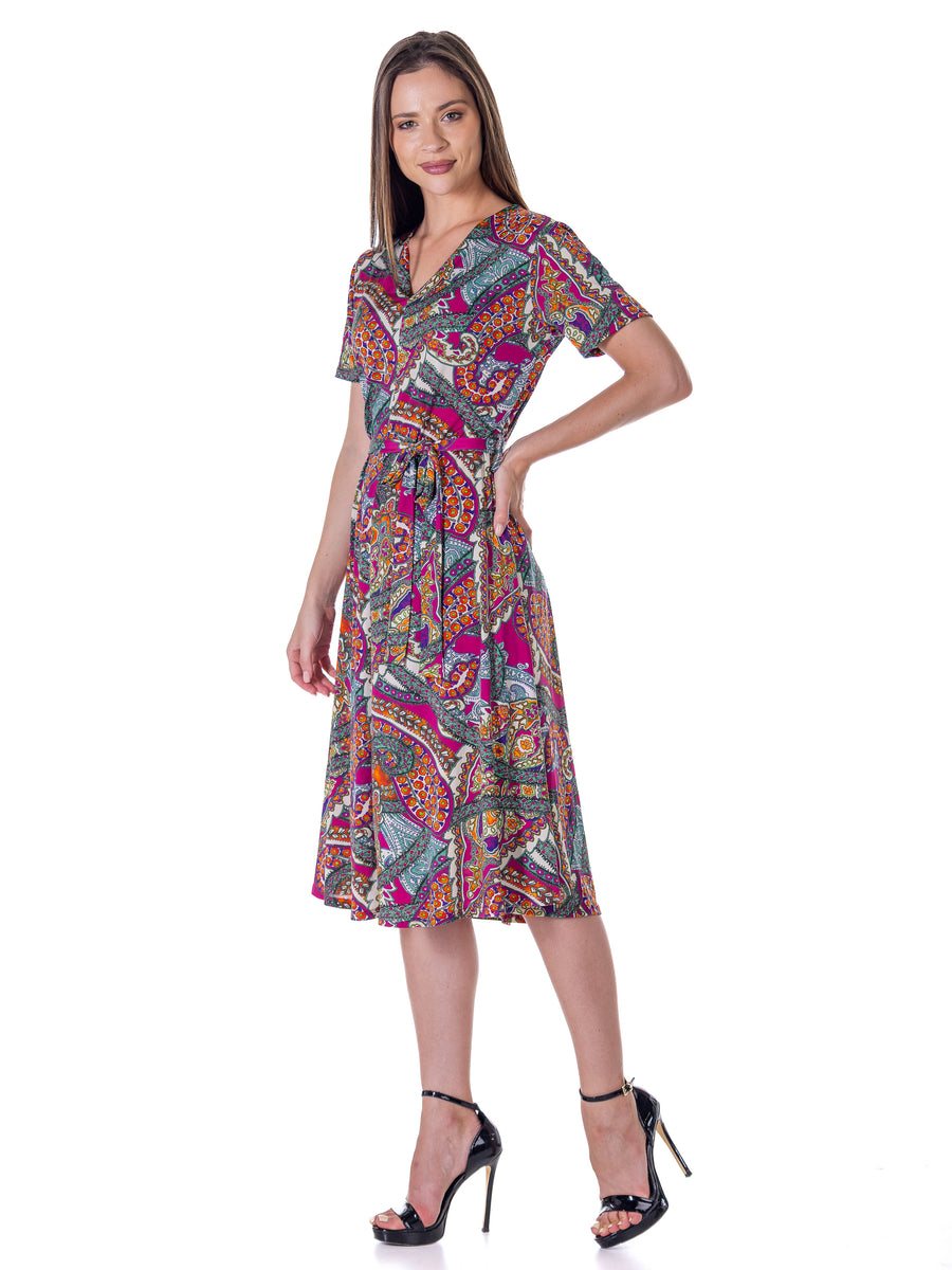 Essential Womens Pink Paisley Short Sleeve Tie Waist Midi Dress