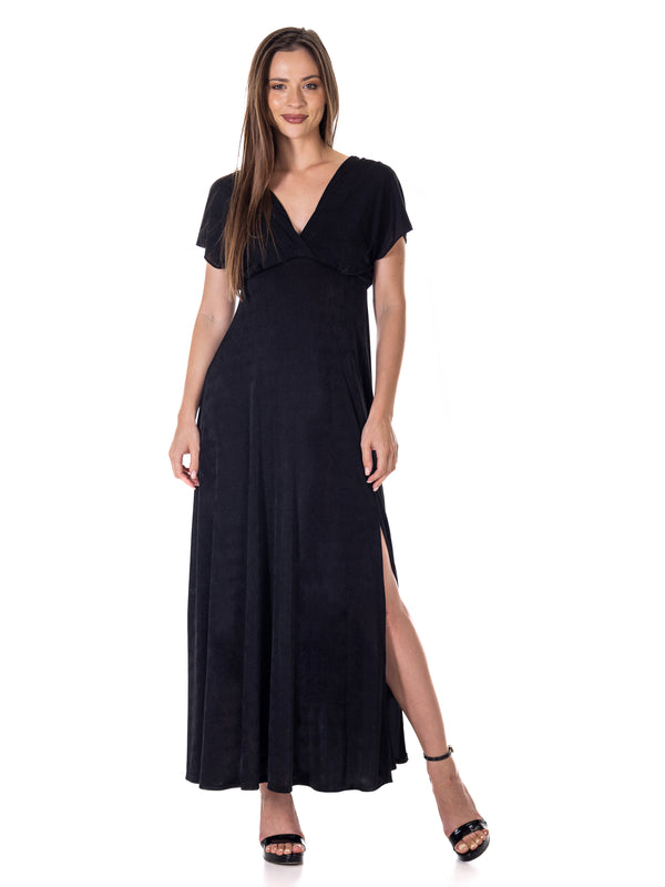 Elevate Womens Flutter Sleeve Metallic Knit Front Slit Maxi Dress