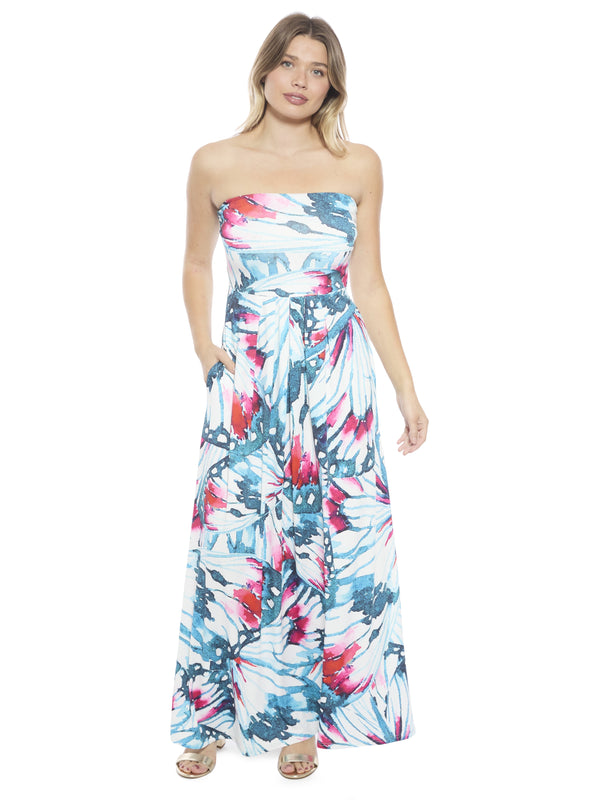 Elevate Womens Butterfly A Line Strapless Pocket Maxi Dress