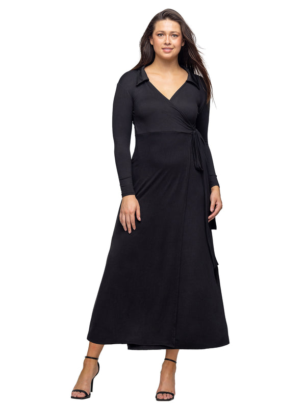 Elevate Womens V Neck Long Sleeve Collared Wrap A Line Maxi Dress
