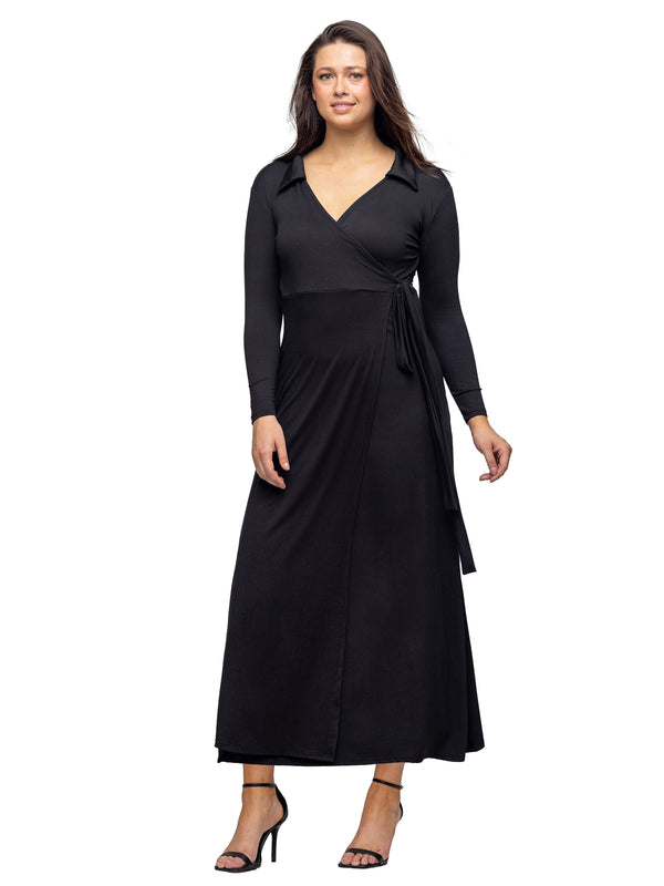 Elevate Womens V Neck Long Sleeve Collared Wrap A Line Maxi Dress