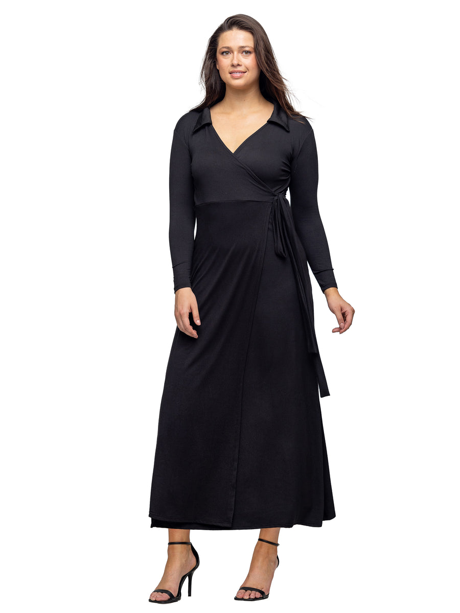 Elevate Womens V Neck Long Sleeve Collared Wrap A Line Maxi Dress