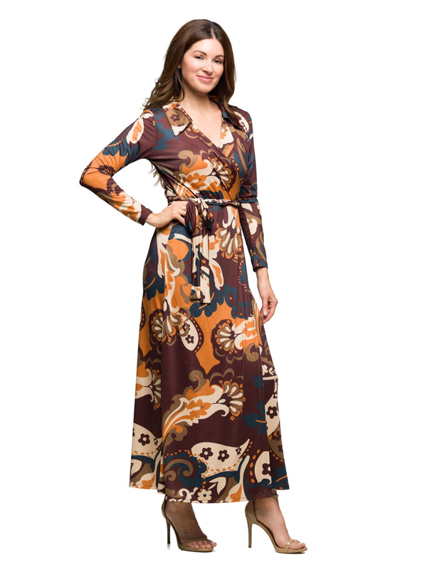 Elevate Womens Paisley V Neck Long Sleeve CollaWrap A Line Maxi Dress