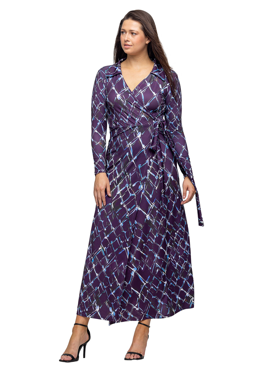 Essential Womens Geometric V Neck Long Sleeve Wrap A Line Maxi Dress