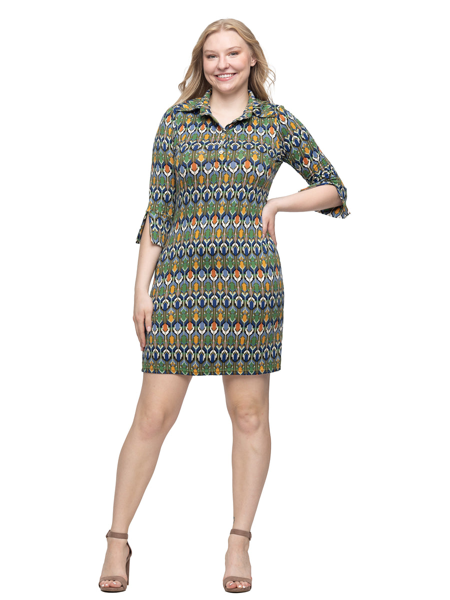 Essential Womens Geometric Three Quarter Split Sleeve CollaMini Dress