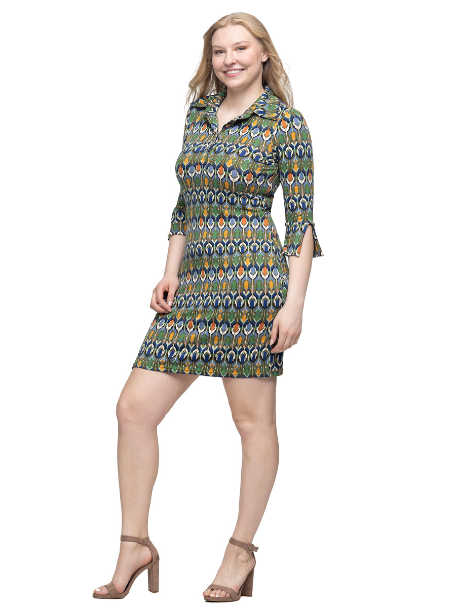 Essential Womens Geometric Three Quarter Split Sleeve CollaMini Dress