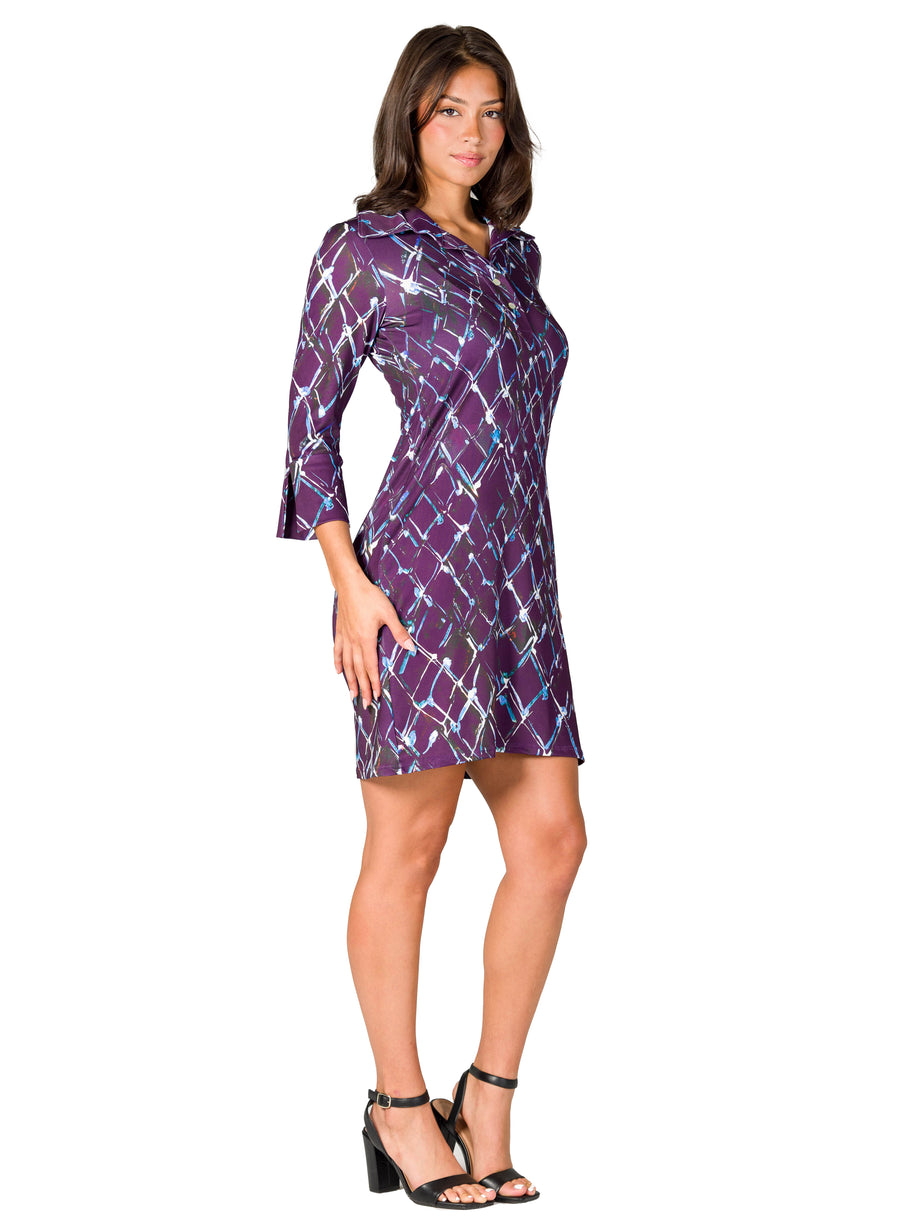 Essential Womens Geometric Three Quarter Split Sleeve CollaMini Dress