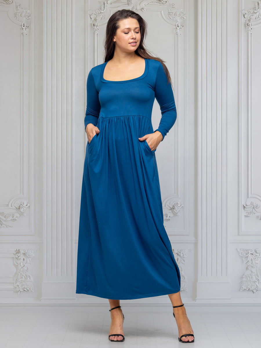 Essential Womens Square Neck Long Sleeve Pleated Pocket Maxi Dress